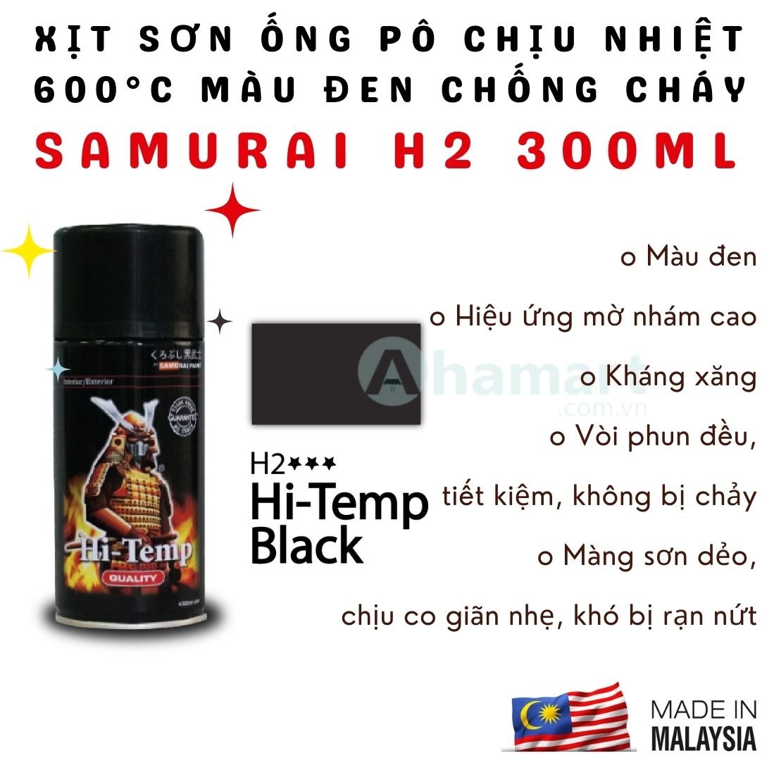 Chai xịt sơn ống pô, lốc máy chịu nhiệt 600°C chống cháy Samurai H2 300ml màu đen nhám