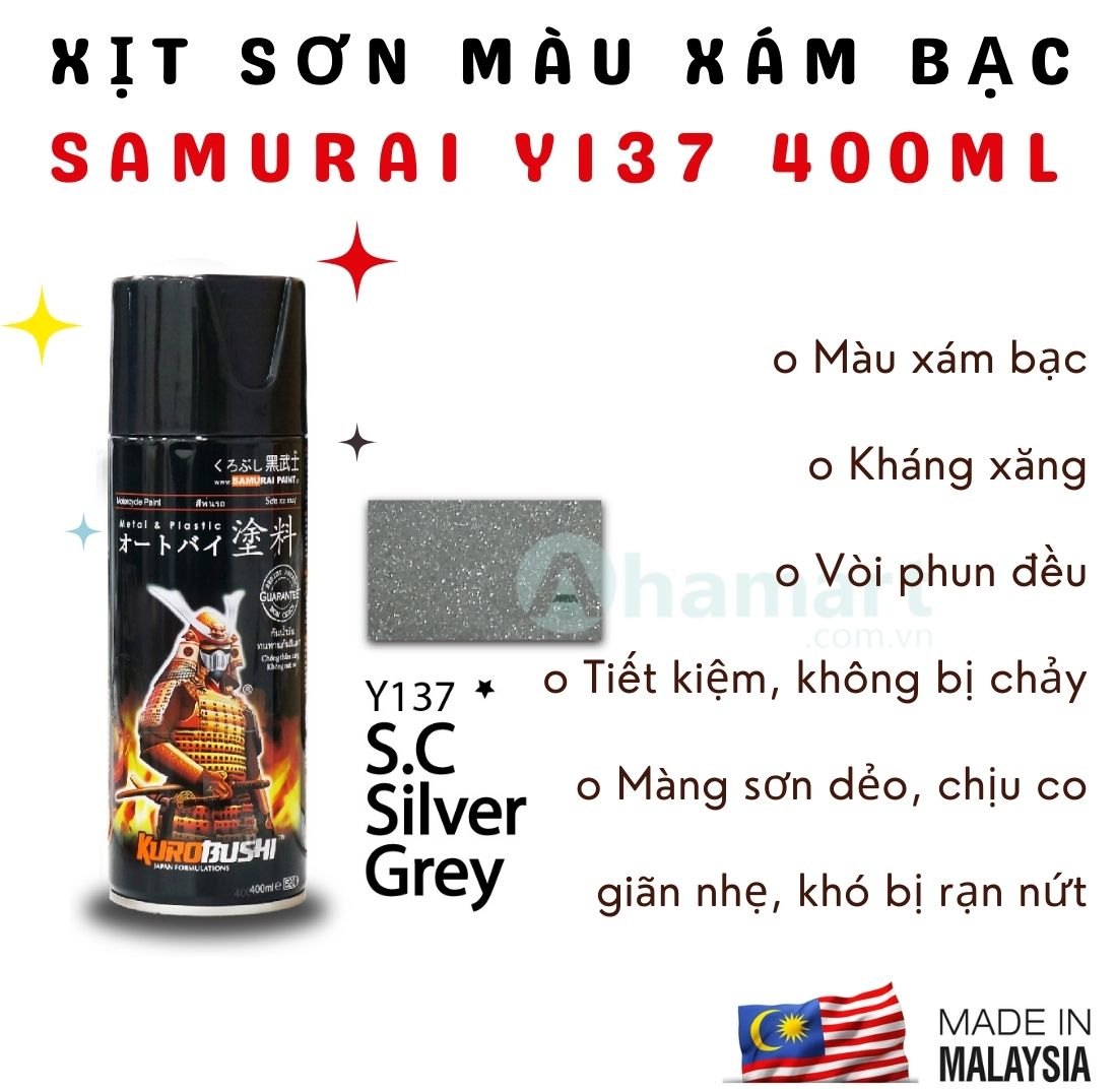 Chai xịt sơn Samurai Y137 màu xám bạc 400ml