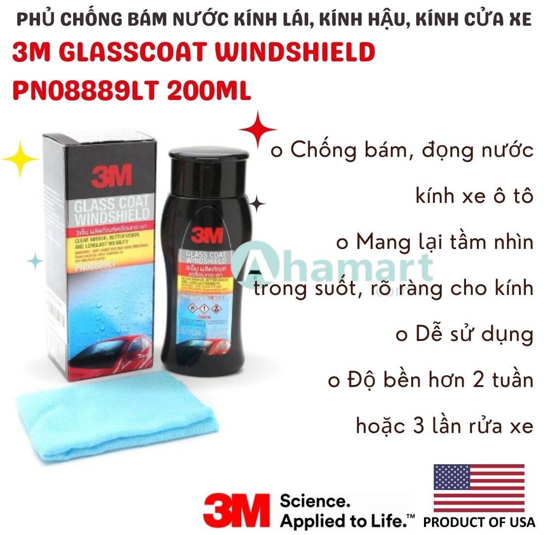 Dung dịch phủ chống bám nước kính lái, kính hậu, kính cửa xe ô tô 3M Glasscoat Windshield PN08889LT 200ml