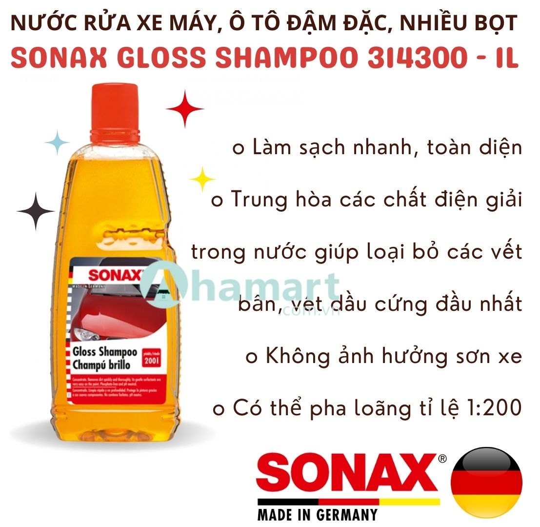 Nước rửa xe ô tô, xe máy đậm đặc, nhiều bọt Sonax Gloss Shampoo 314300 1L