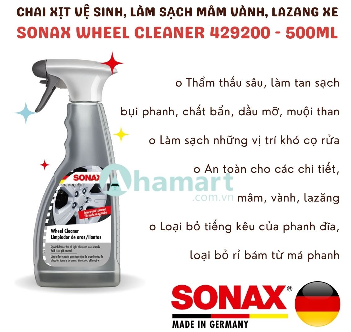 Dung dịch vệ sinh, tẩy rửa bố thắng, đĩa phanh, mâm vành, lazang xe Sonax Wheel Cleaner 429200 500ml