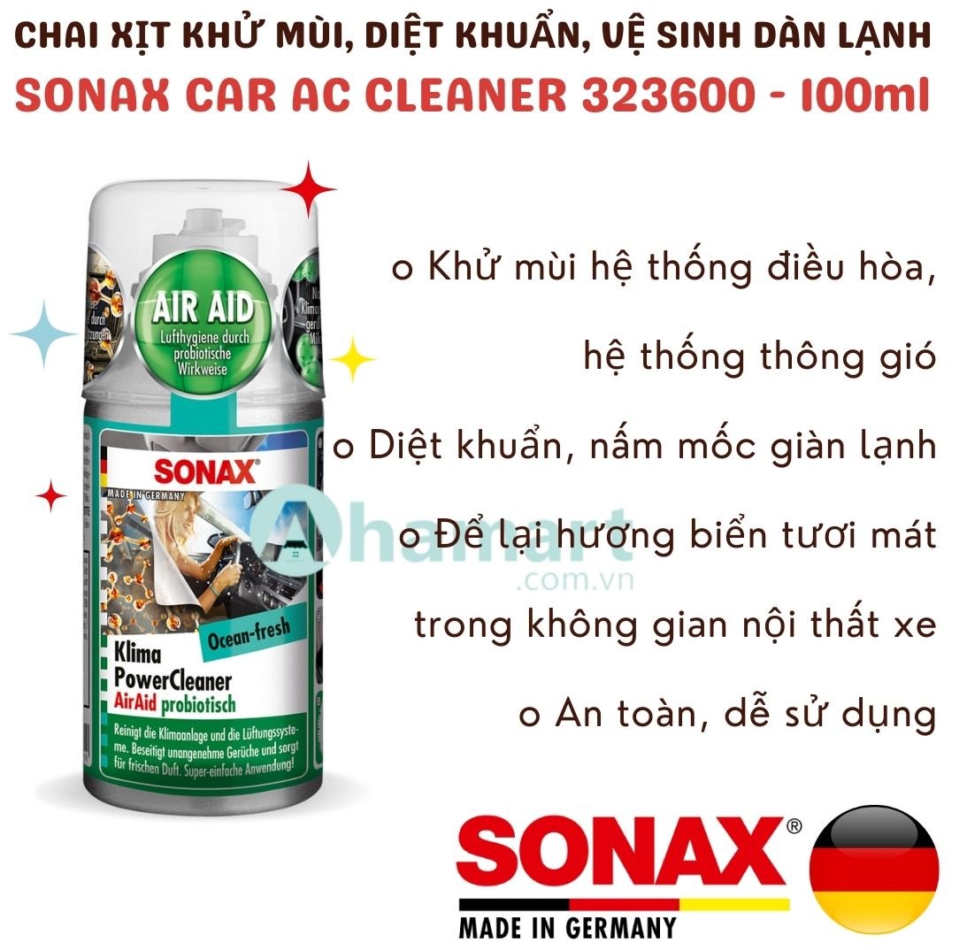 Chai xịt khử mùi, diệt khuẩn, vệ sinh máy lạnh, dàn lạnh Sonax Car AC Cleaner 323600 100ml