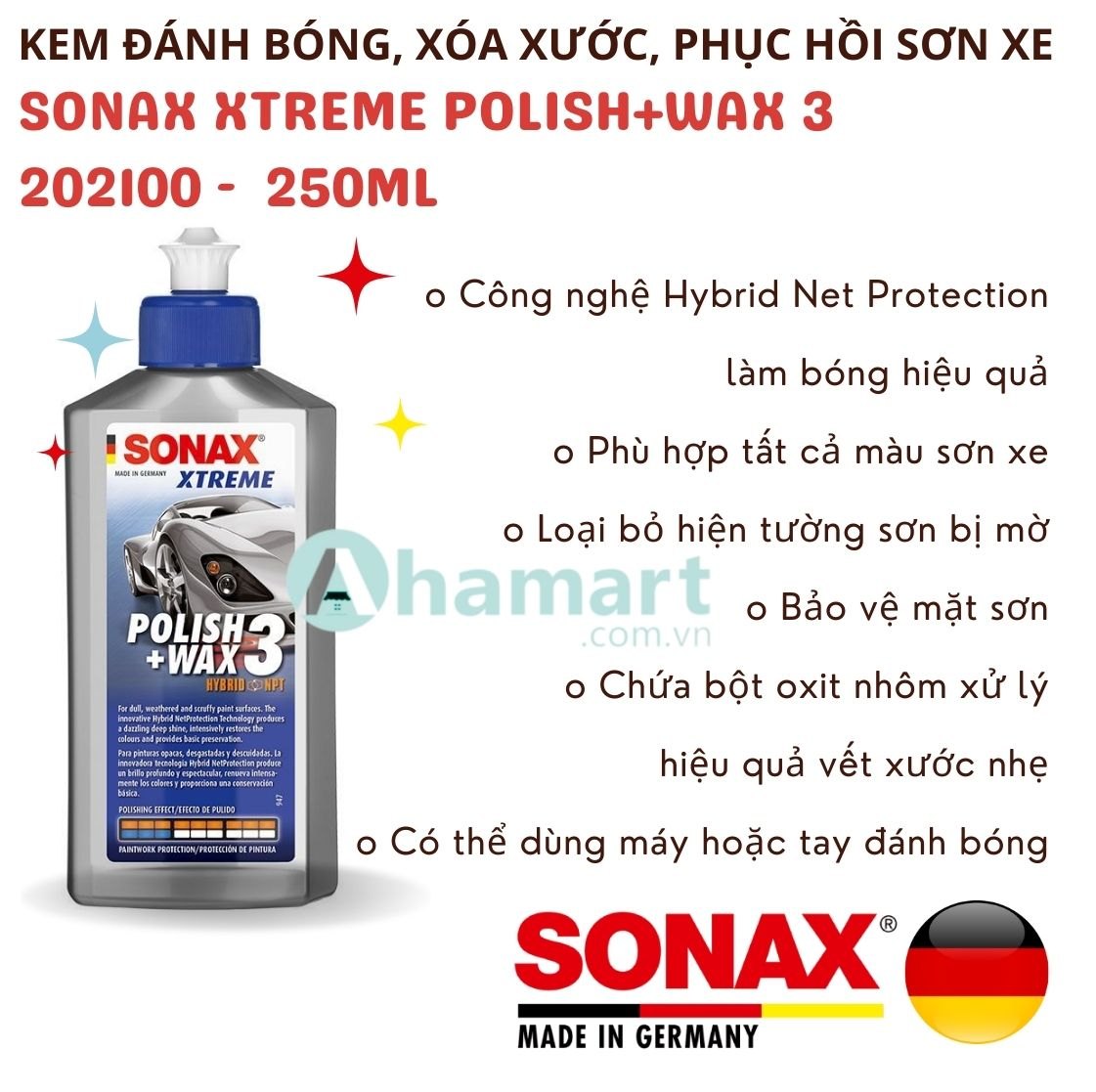 Kem đánh bóng, xóa xước, phục hồi và bảo vệ sơn xe Sonax Xtreme Polish + Wax 3 202100 250ml