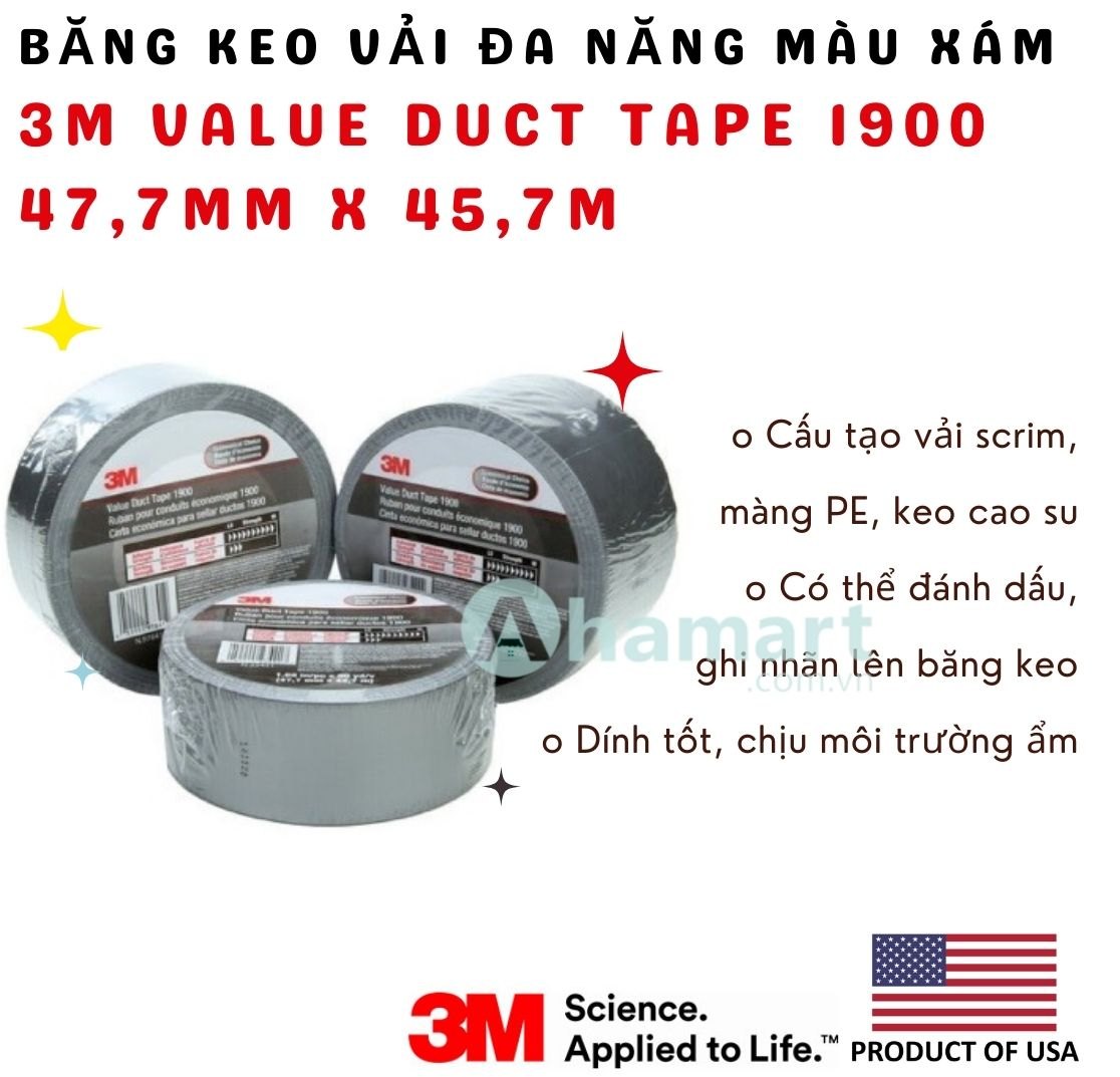 Băng keo vải đa năng 3M Value Duct Tape 1900 47,7mm x 45,7m màu xám