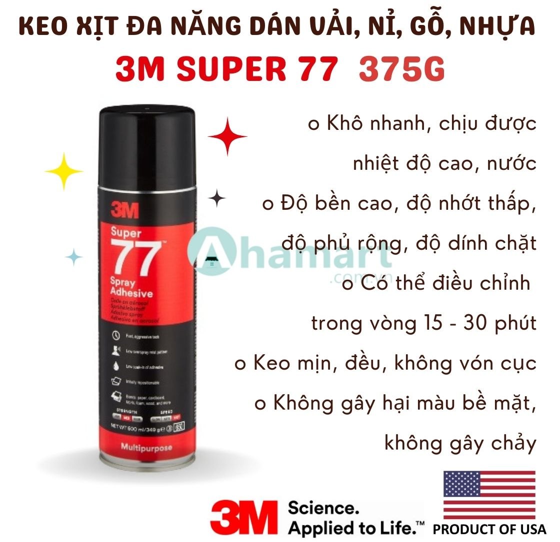 Keo xịt đa năng 3M Super 77 dán xốp dán tường, giấy, thảm nỉ, thảm simili, vải, gỗ, mút cách âm 375g