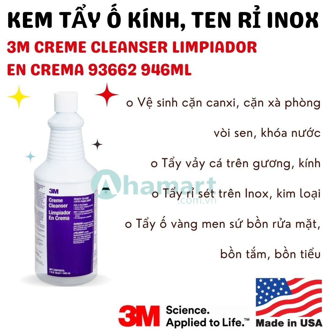 Kem tẩy cặn kính, tẩy ố men sứ, tẩy ten rỉ inox 3M Creme Cleanser Limpiador En Crema 93662 946ml