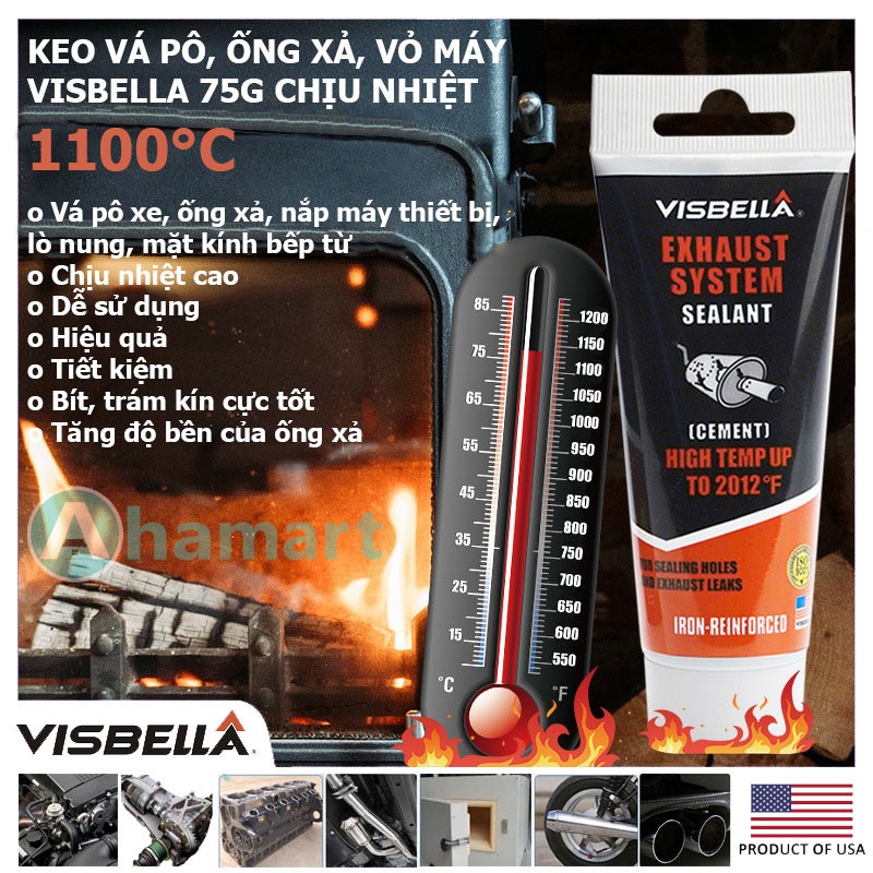 Keo vá pô, trám vết nứt, lủng pô xe, nắp lò, máy móc chịu nhiệt 1100 độ C Visbella 75g