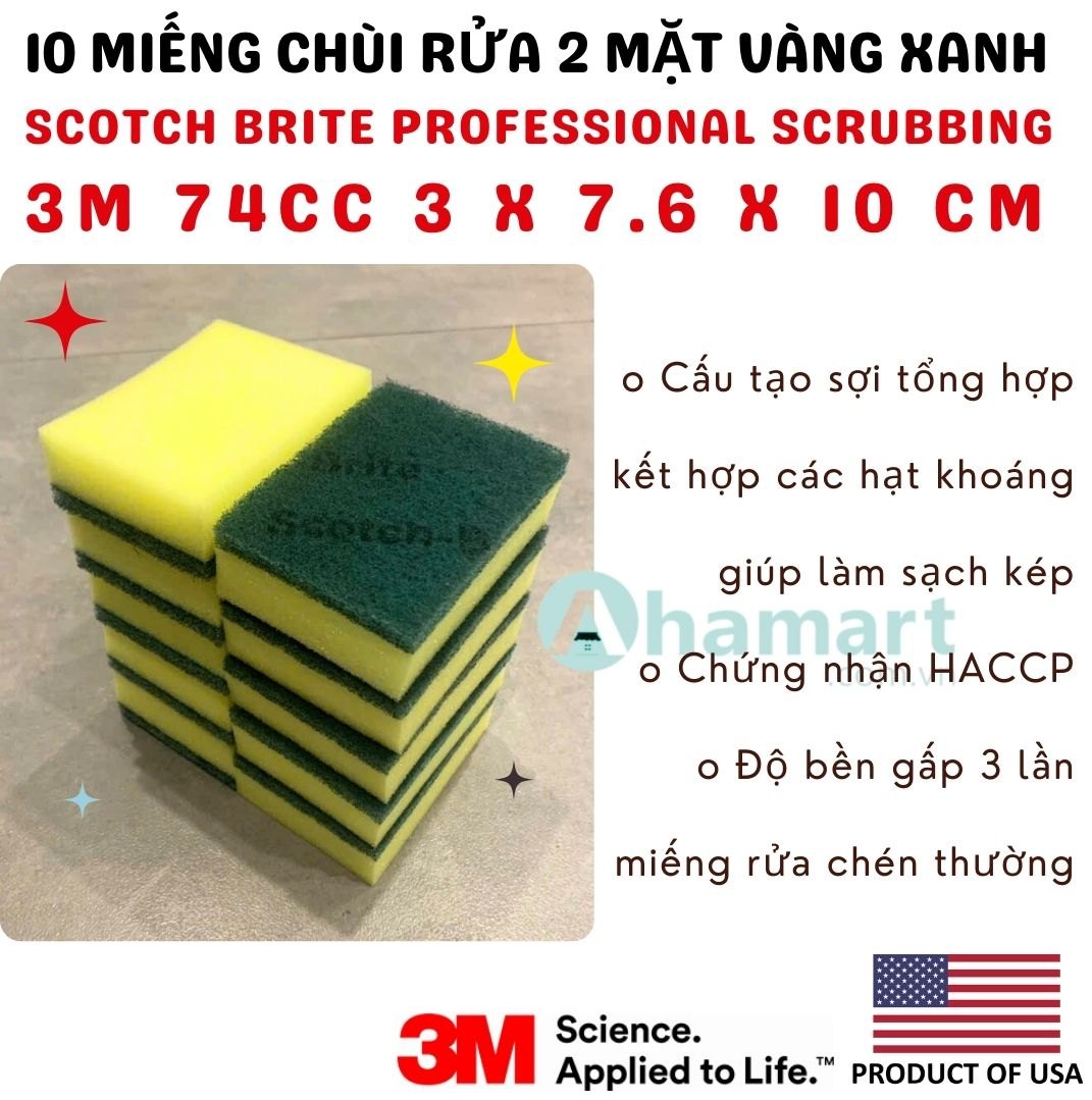 Miếng chùi rửa 3M Scotch Brite Professional Scrubbing Sponge 74CC 2 mặt vàng xanh 3 x 7.6 x 10cm