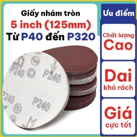 Giấy nhám tròn mịn thô 1 mặt nhám, 1 mặt có tơ 125mm (5 inch) Velcro Disc P40 đến P320