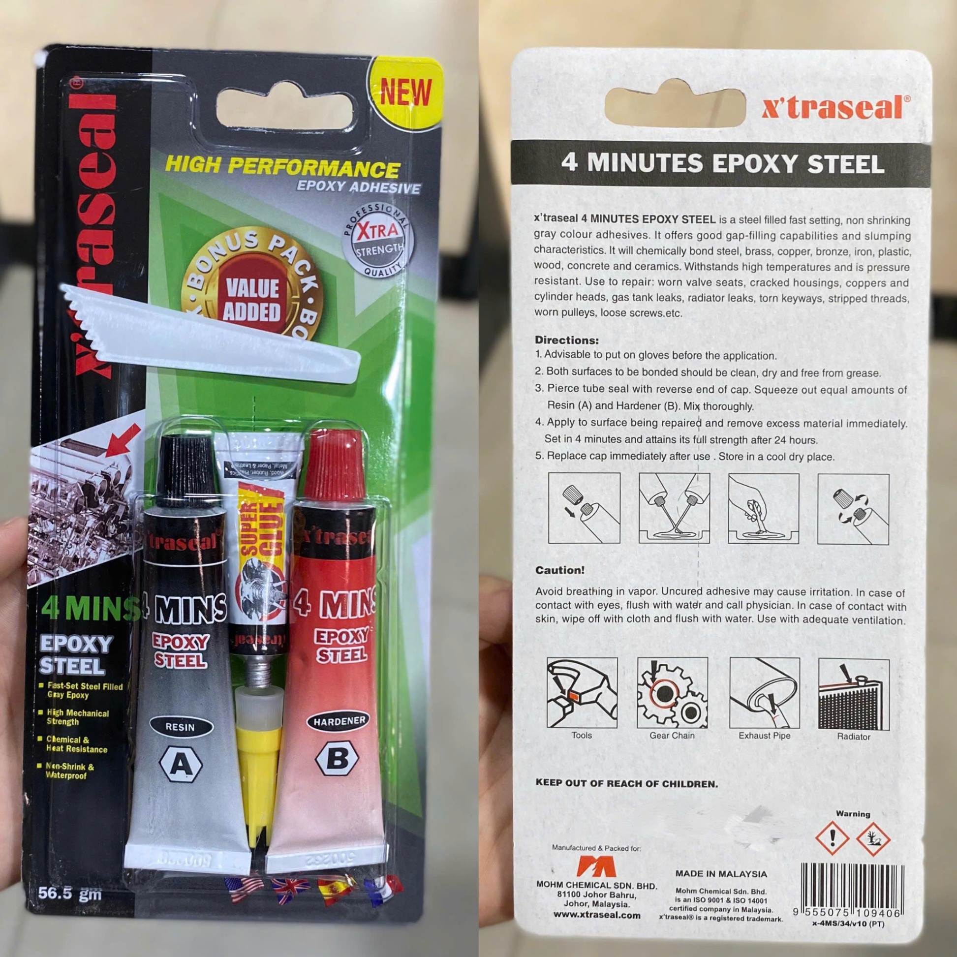 Keo AB 2 thành phần dán thép 4 phút khô X'traseal AB 4 Minutes Epoxy Steel 17ml x 2 56.5g màu xám
