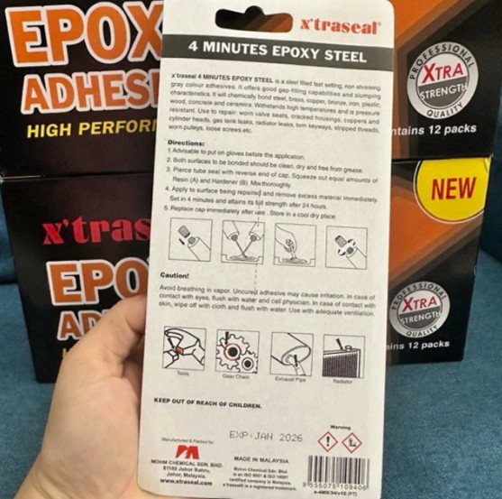 Keo AB 2 thành phần dán thép 4 phút khô X'traseal AB 4 Minutes Epoxy Steel 17ml x 2 56.5g màu xám