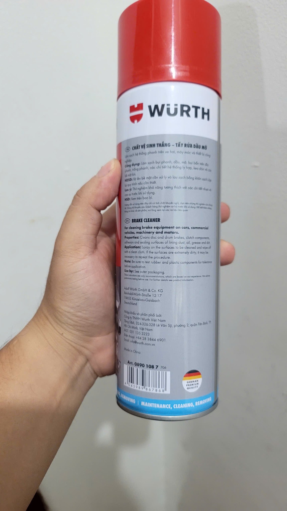 Chai xịt vệ sinh, tẩy rửa dầu mỡ bố thắng, đĩa phanh Wurth 08901087 500ml