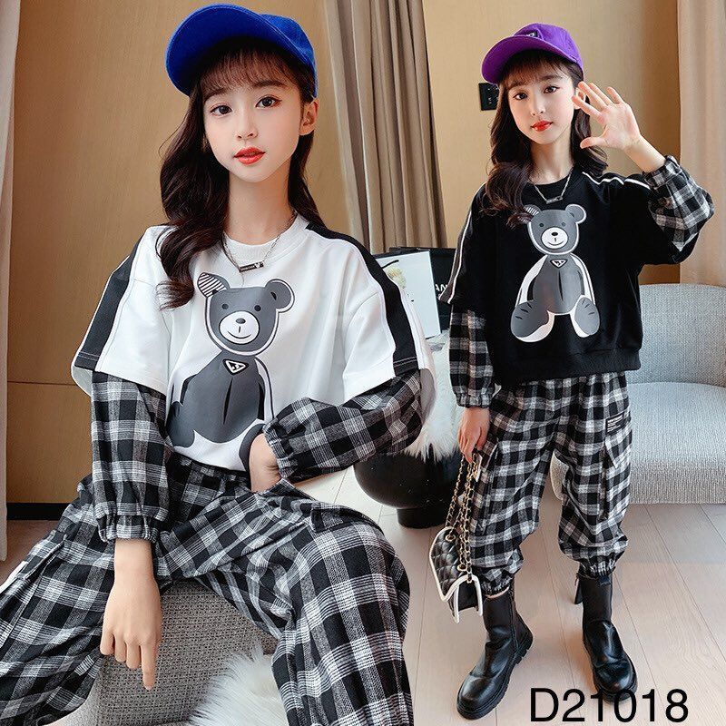 Set áo hình gấu kèm quần caro