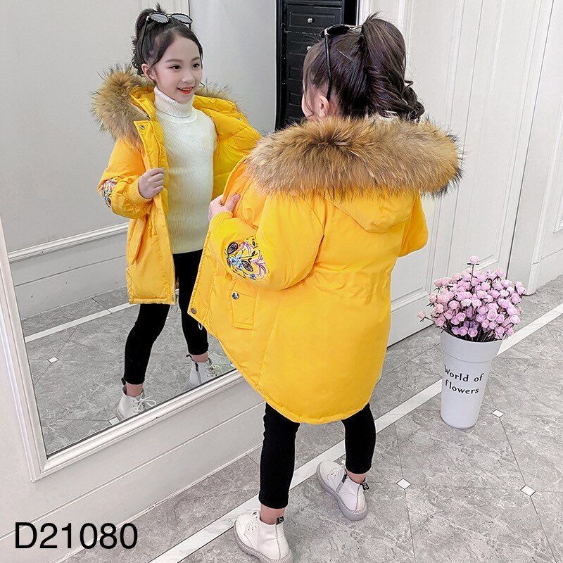 Parka cổ lông tay thêu hoa
