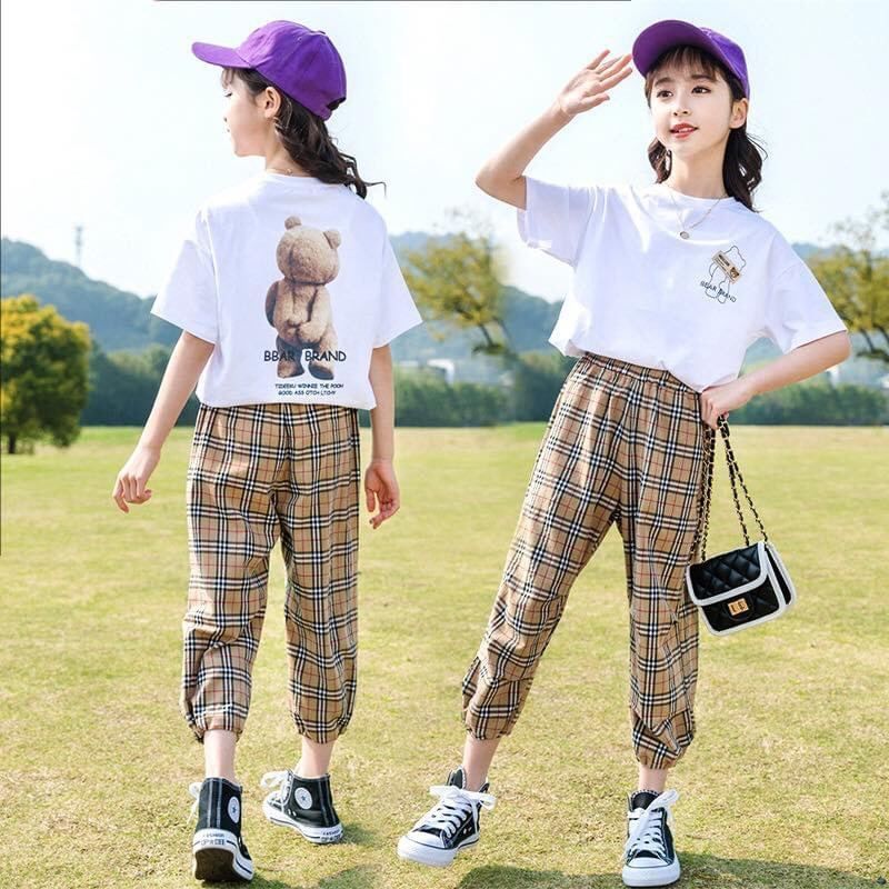 Set áo gấu quần dài kẻ