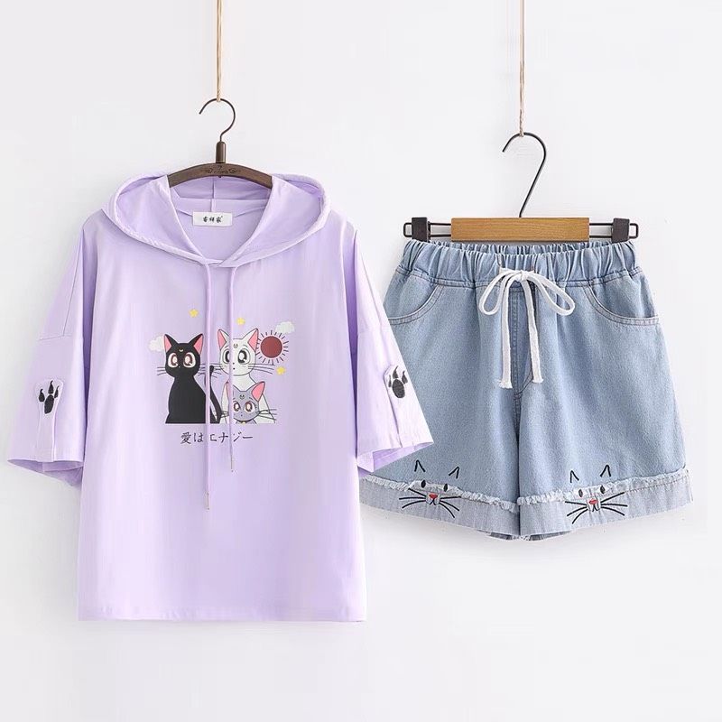 Set áo hoodie quần jean mèo