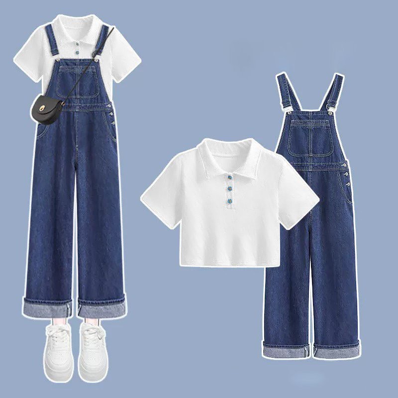 Set áo croptop kèm yếm jeans suông