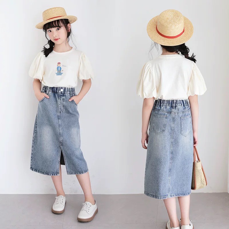 Set áo phối tay bồng kèm chân váy jeans