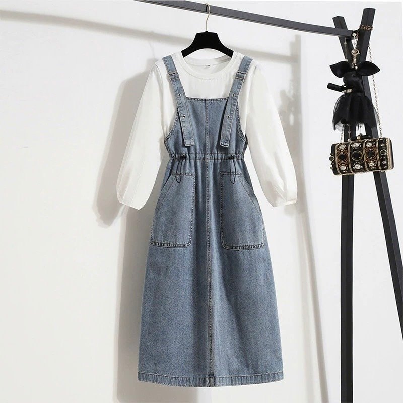Set váy jean áo trắng tay lỡ