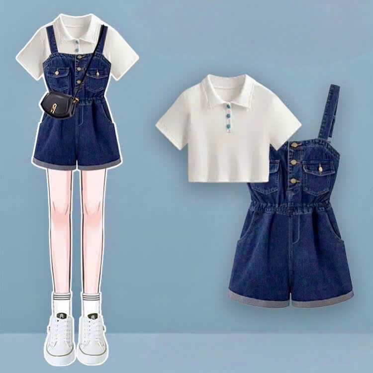 Set áo polo yếm jean đùi
