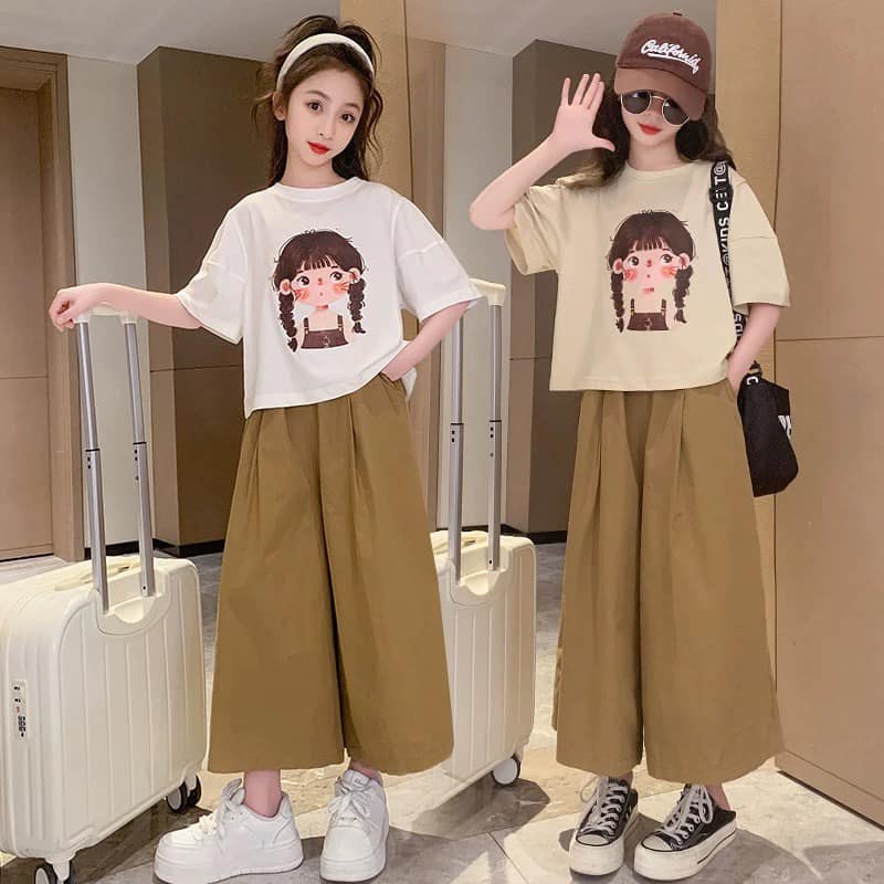 Set áo cô gái kèm quần lửng nâu