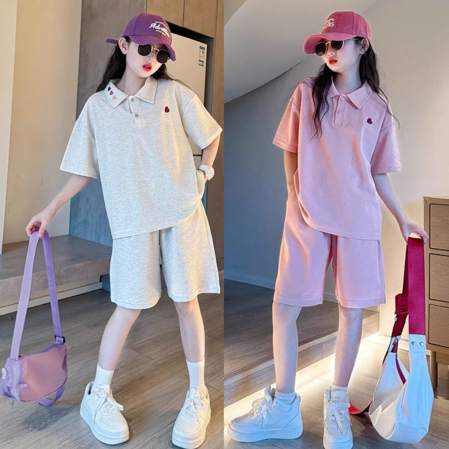 Set áo polo thêu trái tim kèm quần