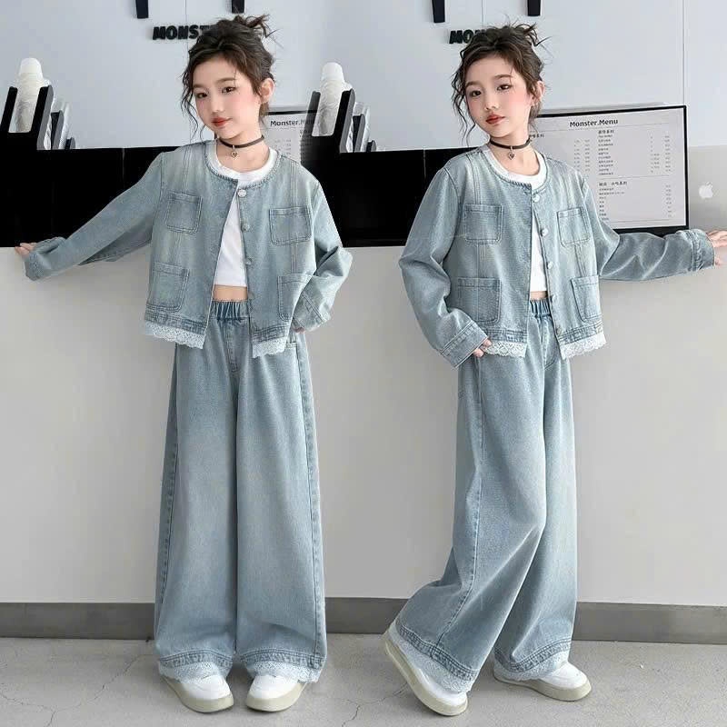 Set khoác jean phối ren