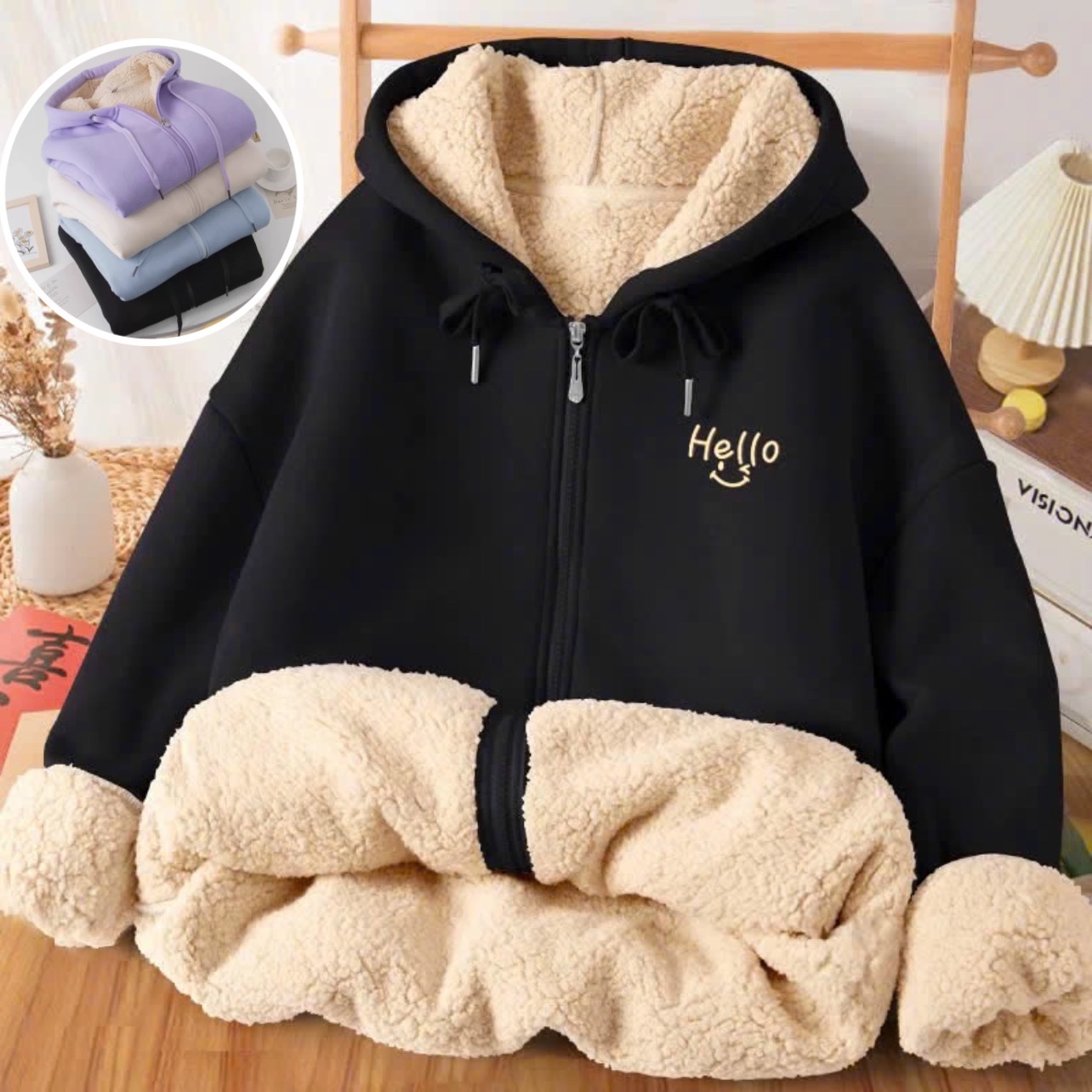 Khoác nỉ 2 lớp lót lông hello