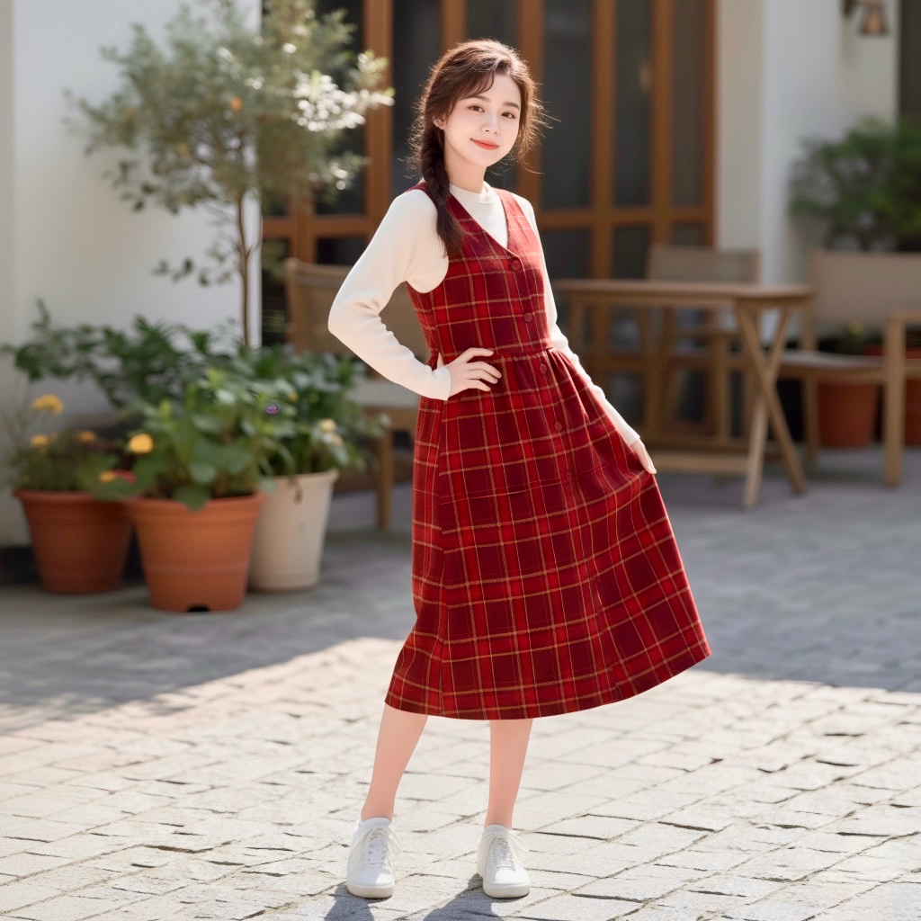 Set váy caro đỏ kèm áo len be M314