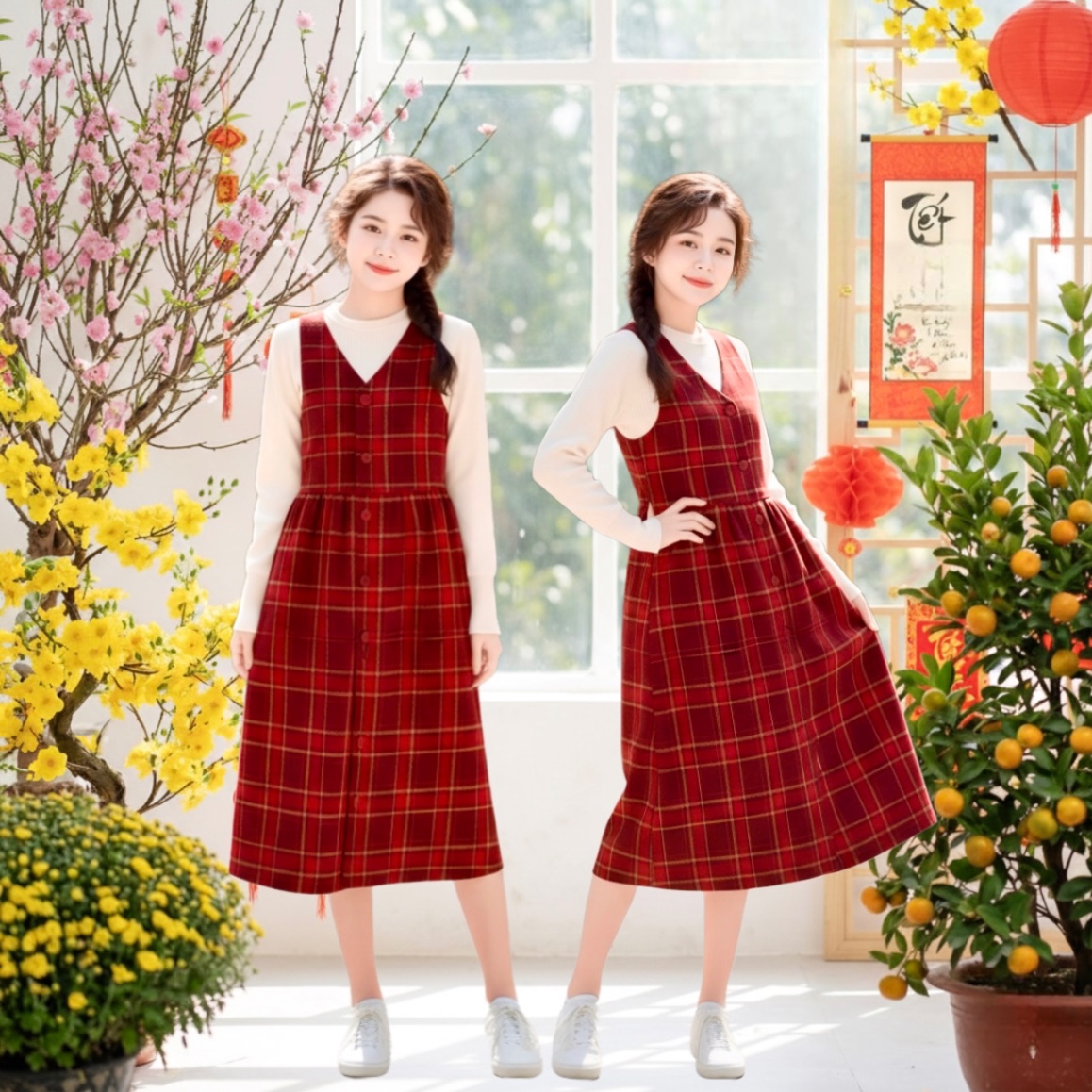 D25115-Set váy caro đỏ kèm áo len be M314