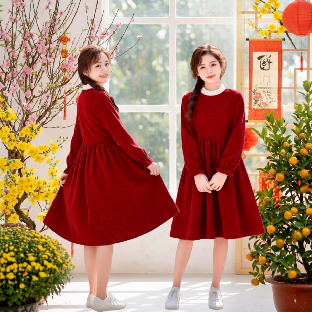 Váy nhung phối cổ sơ mi