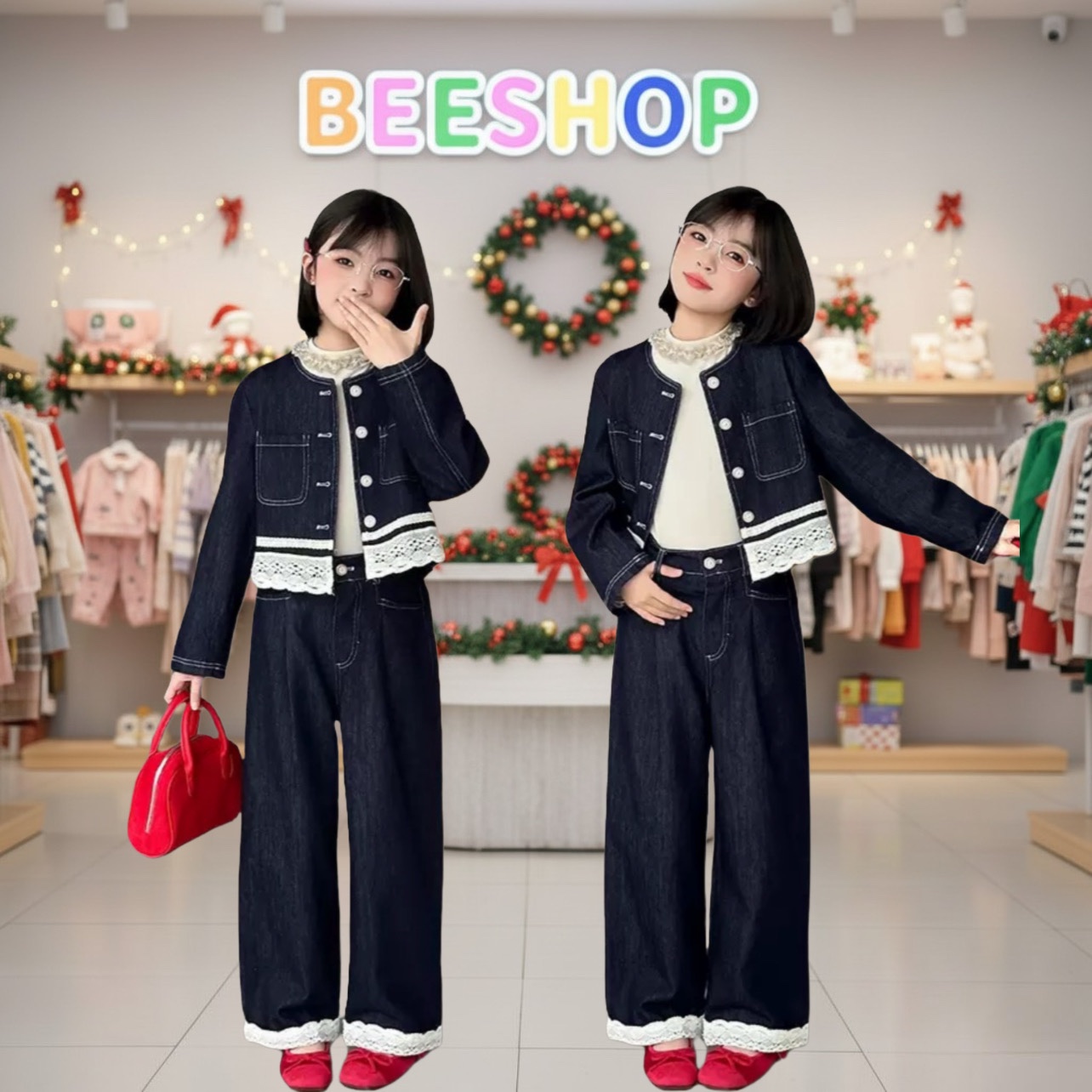 Set áo khoác jeans kèm quần suông phối ren