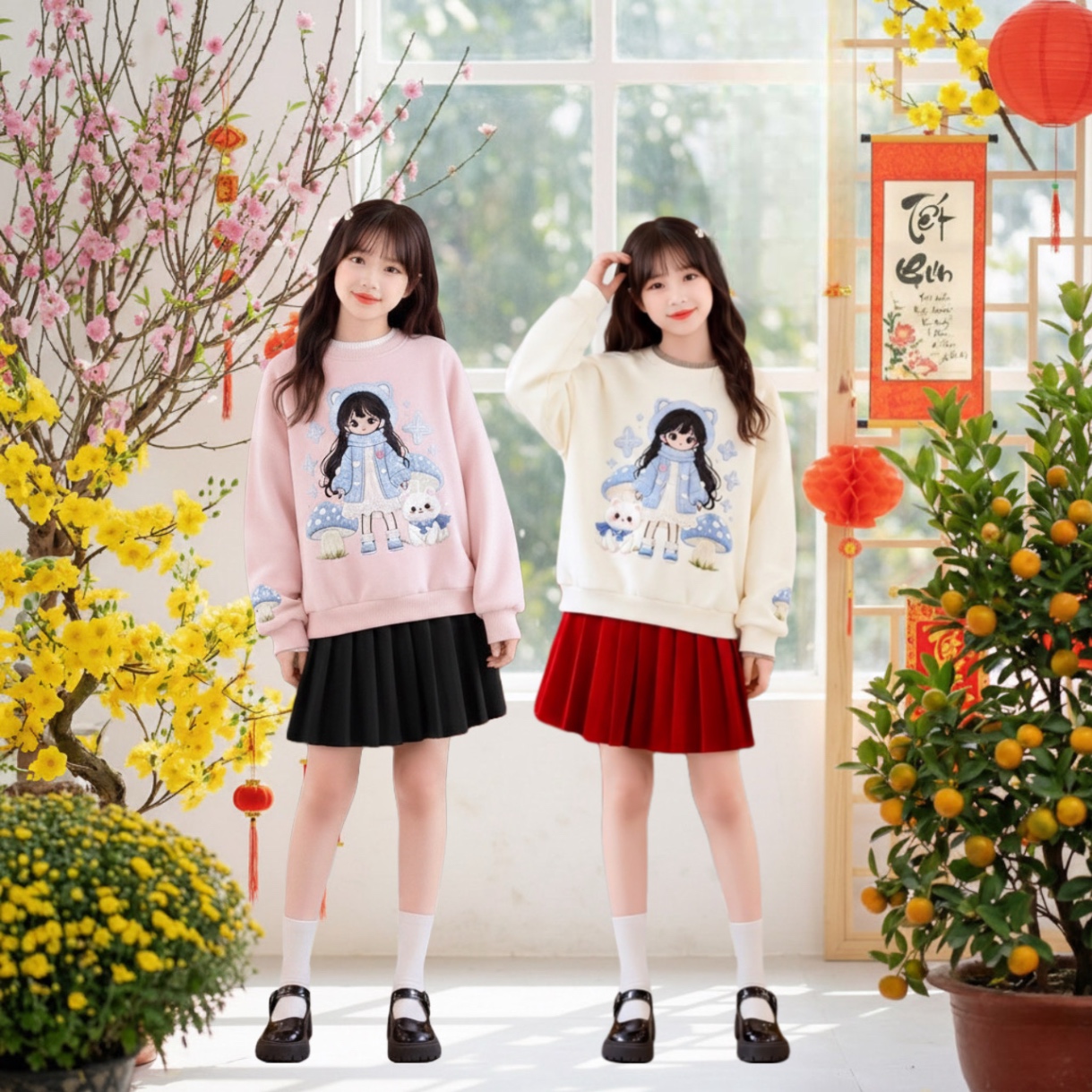 Áo nỉ nhung cô gái phối cổ len