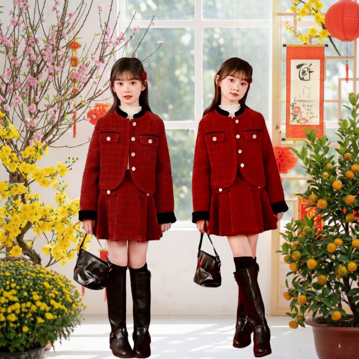 Set vest dạ đỏ