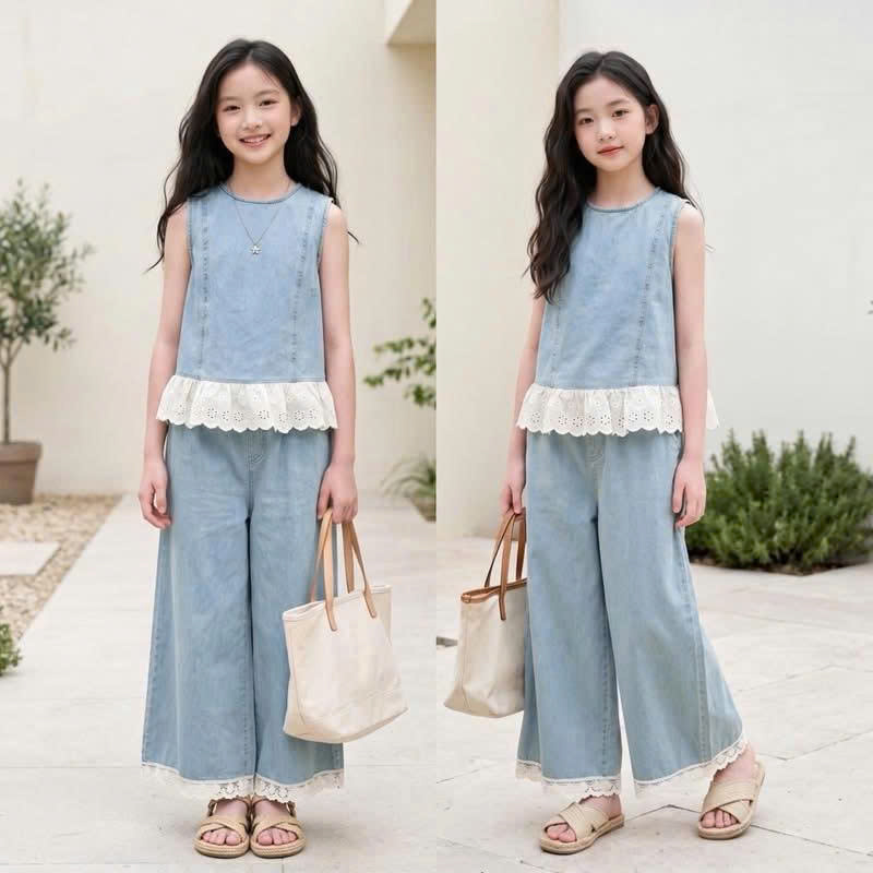 H26091- Set jean sát nách phối ren