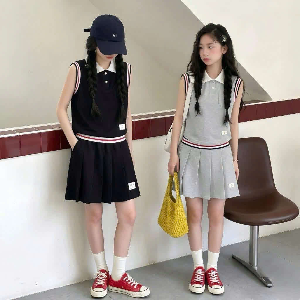 H26106-Set áo polo sát nách chân váy xếp li