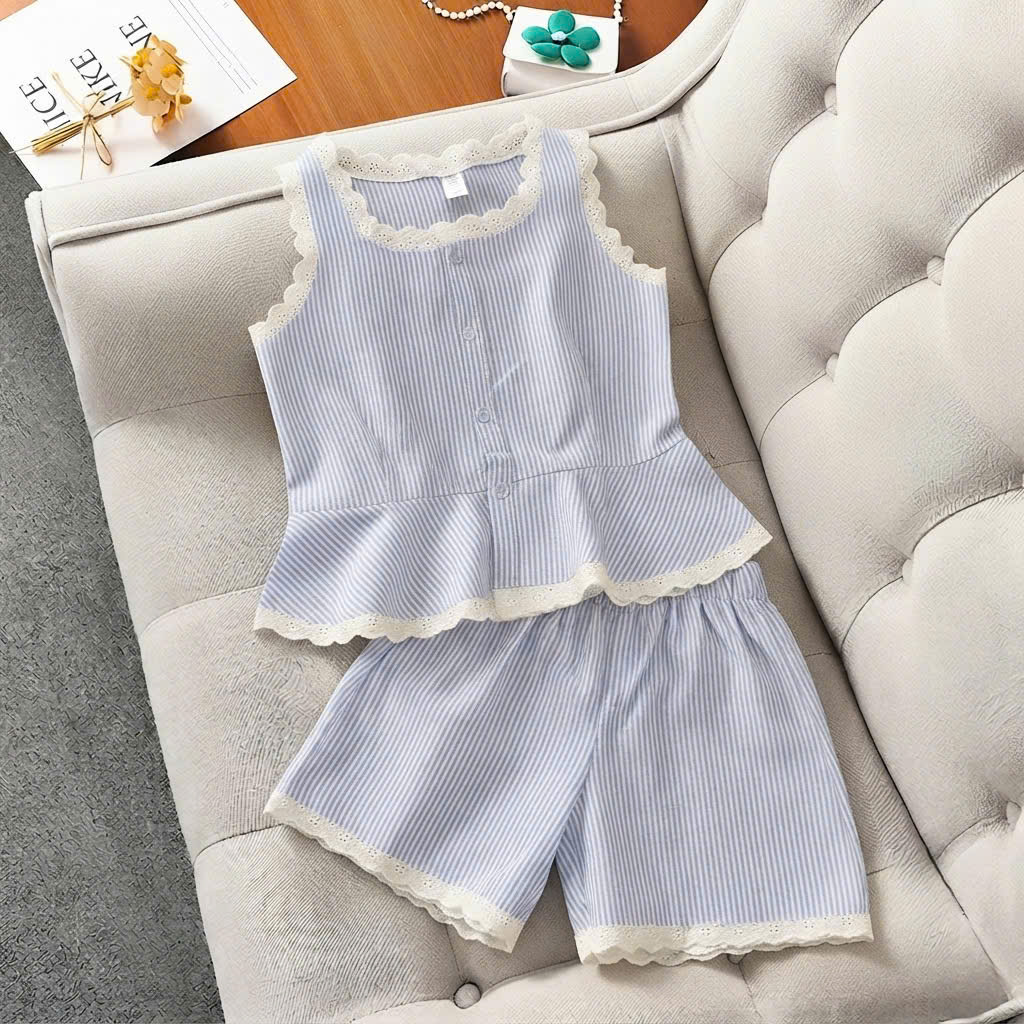 H26107-Set kẻ sọc xanh sát nách phối ren