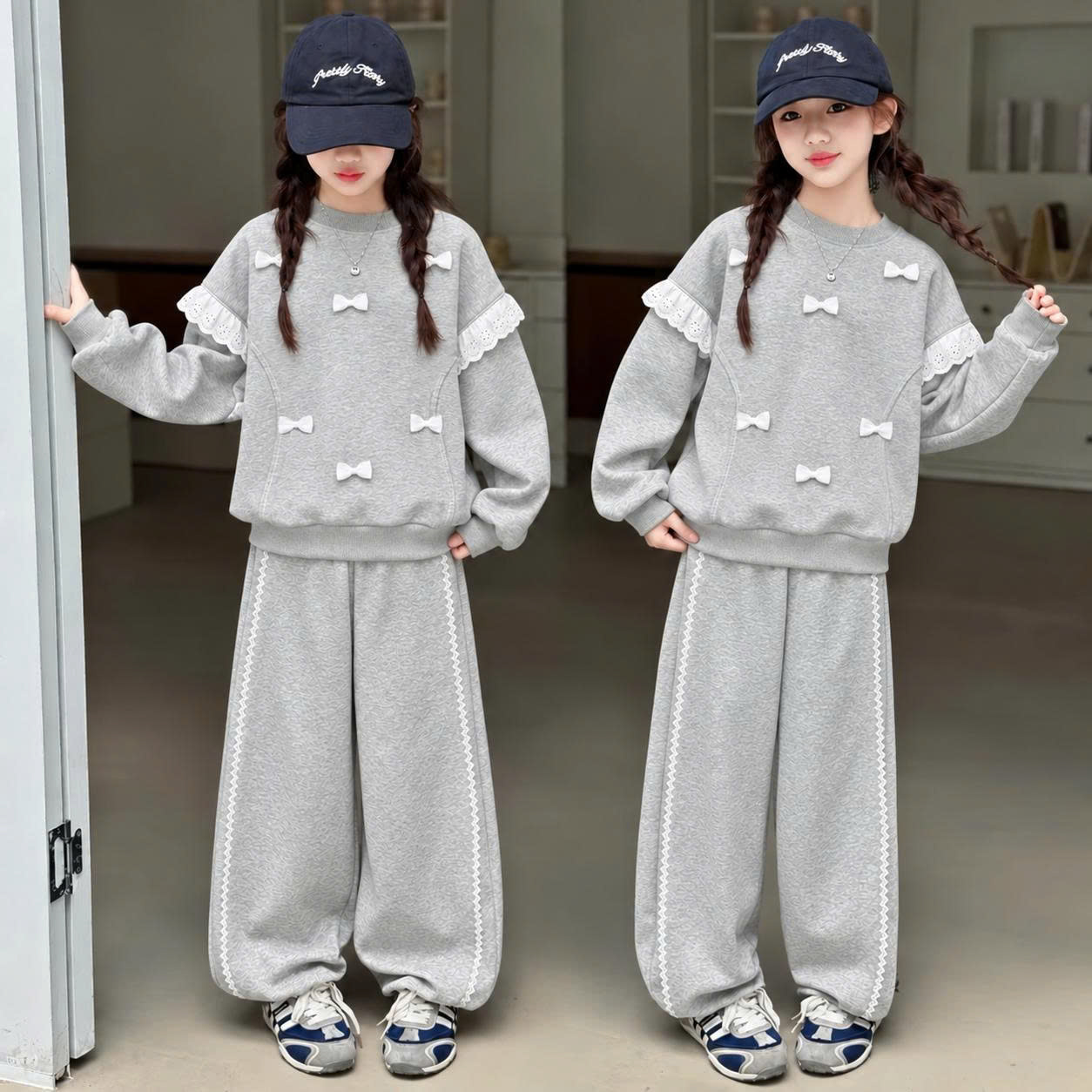 Set áo da cá đính nơ kèm quần suông ren M410