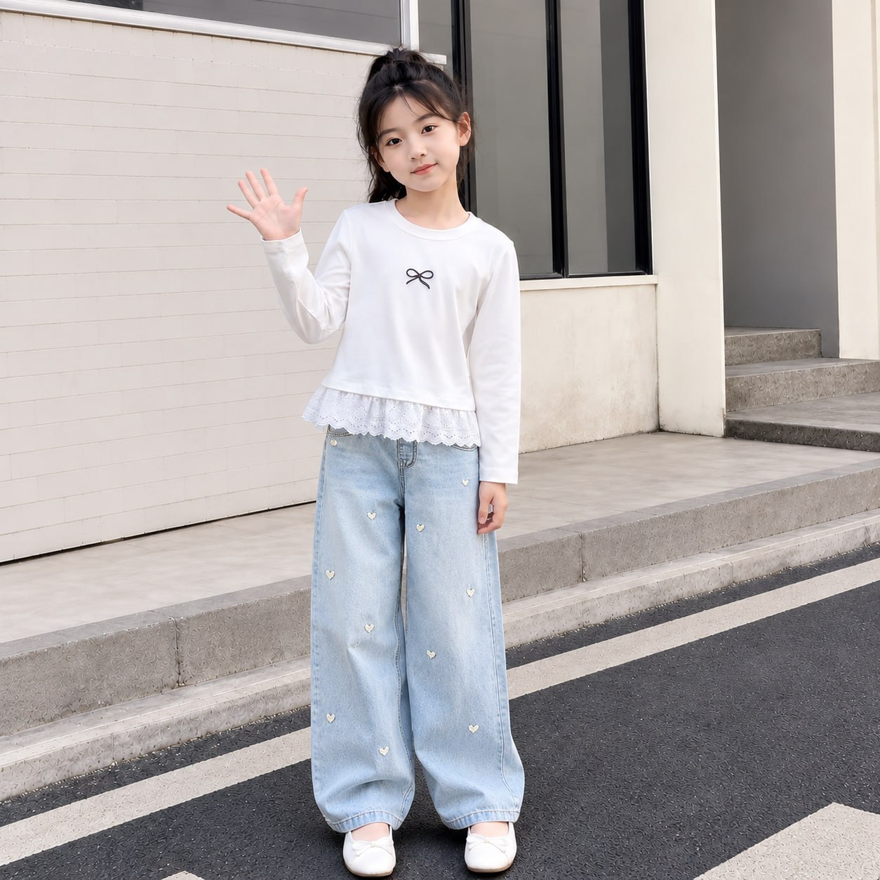 Áo cotton in nơ mix ren M409