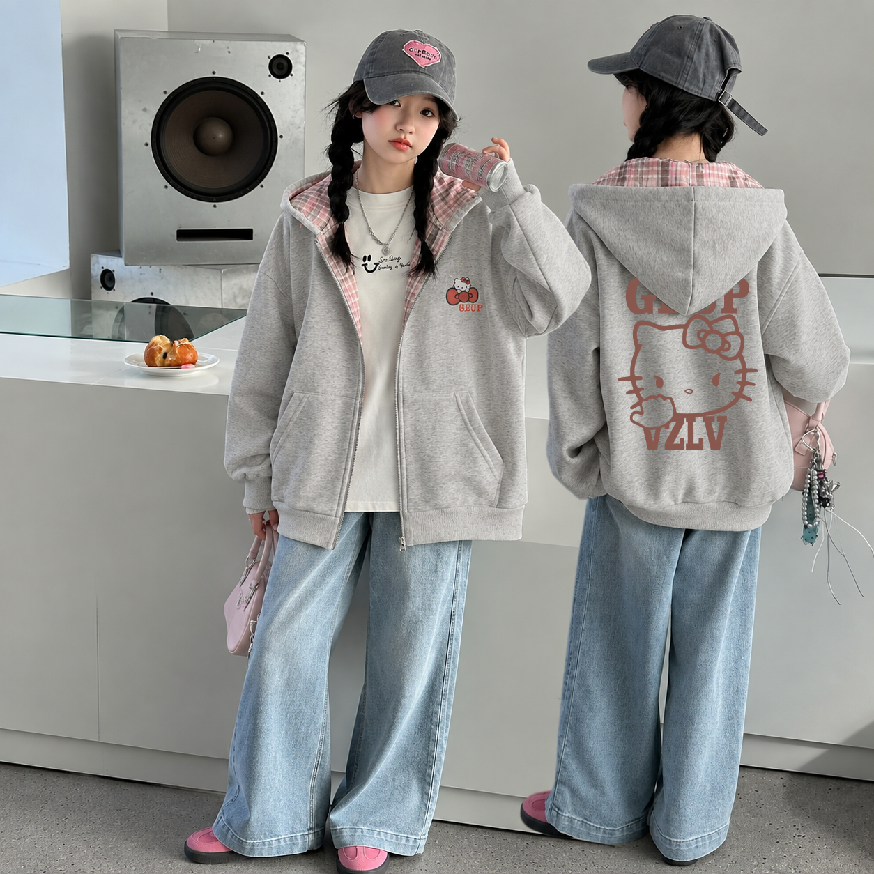 Áo khoác mũ phối caro hình kitty M391