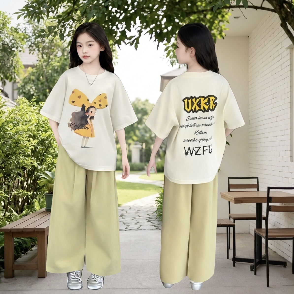 H26031-Set áo cô gái nơ vàng kèm quần sớ