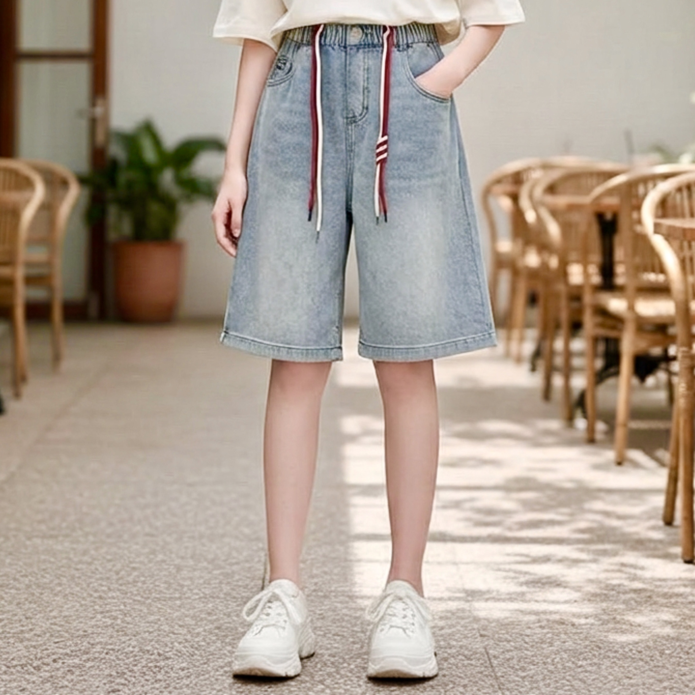 H26038-Quần jean ngố mài kèm dây rút