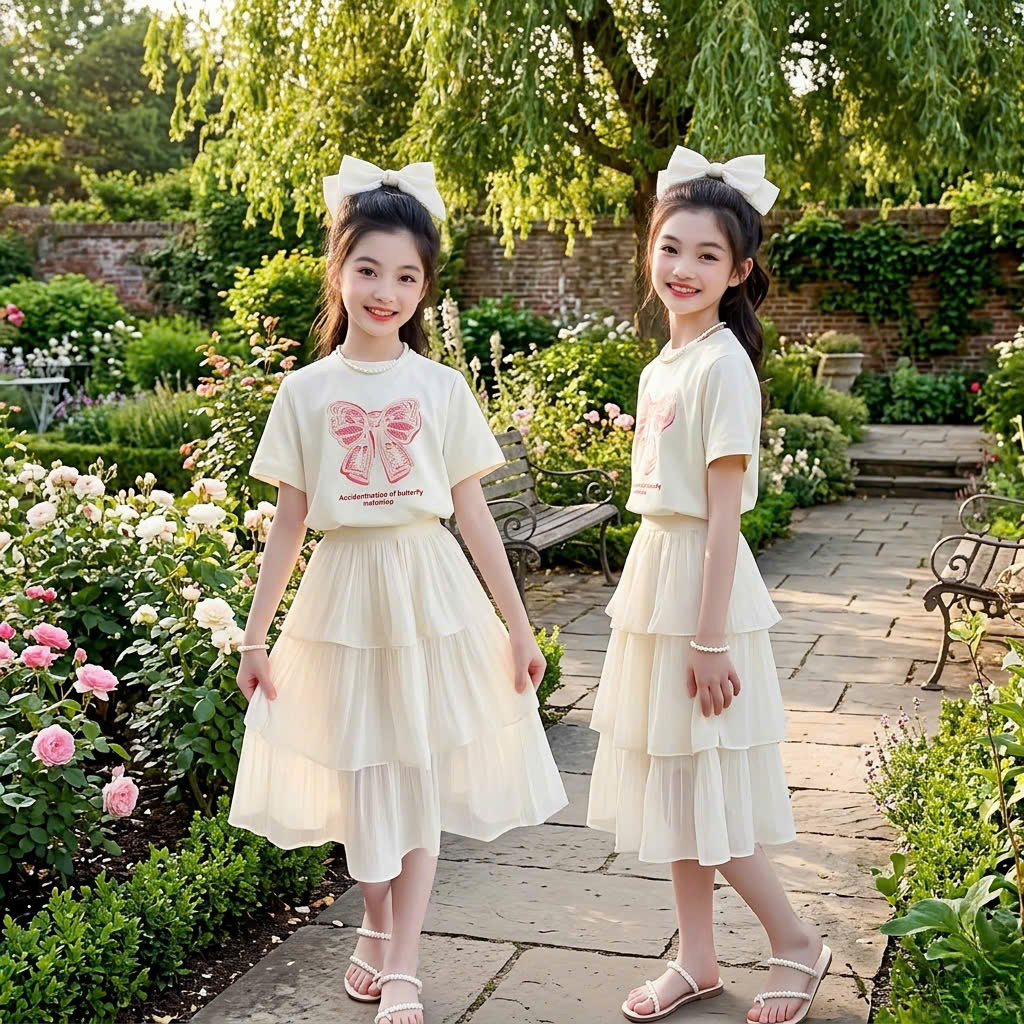 H26074-Set áo nơ hồng kèm chân váy tơ