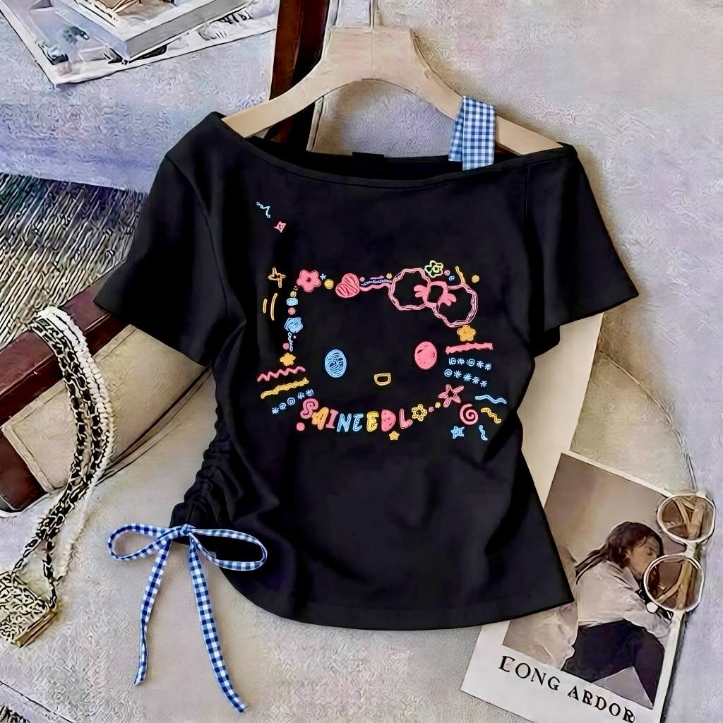 H26087-Áo kitty to vai lệch mix dây caro M353