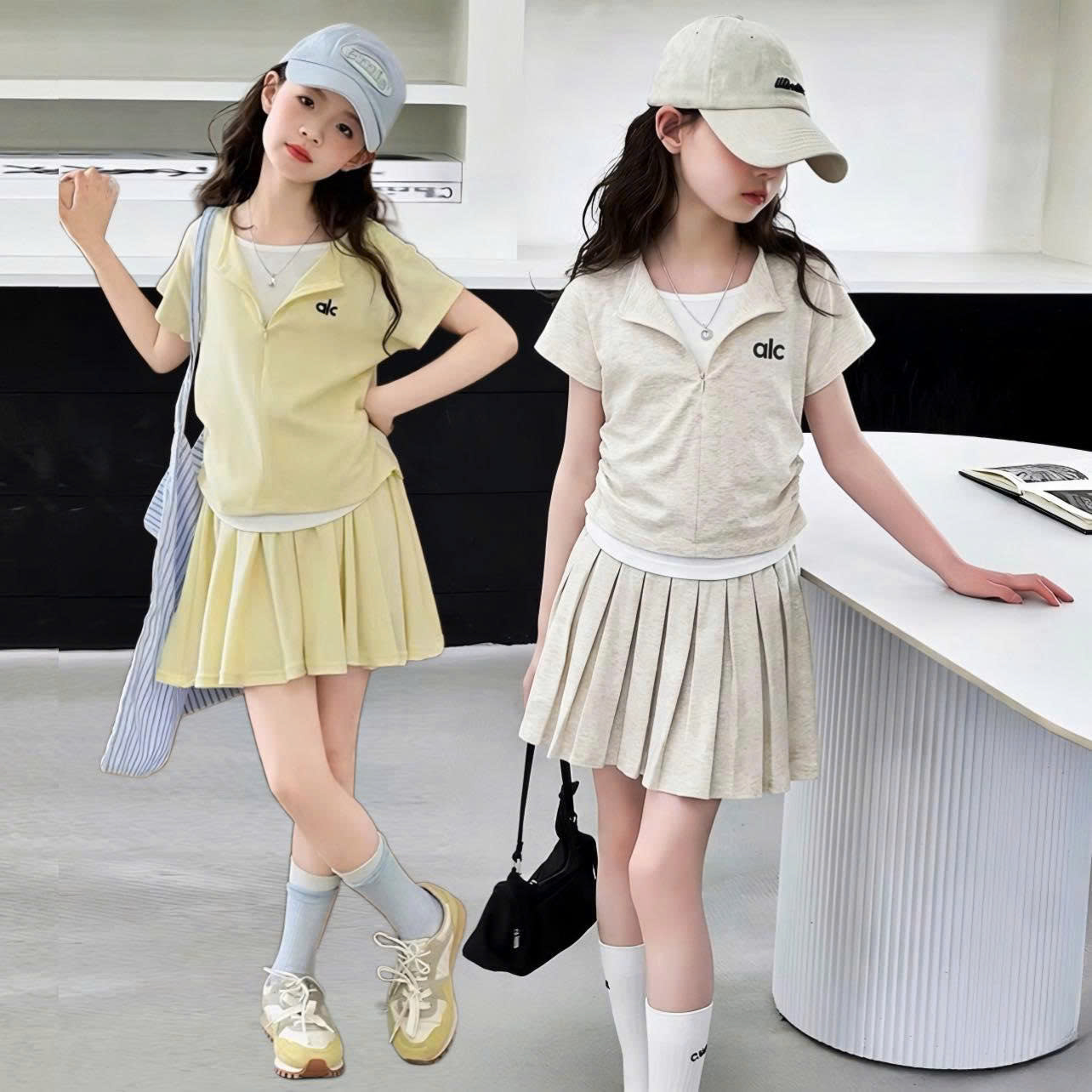 H26088-Set áo alc phối cổ trắng kèm chân váy M347