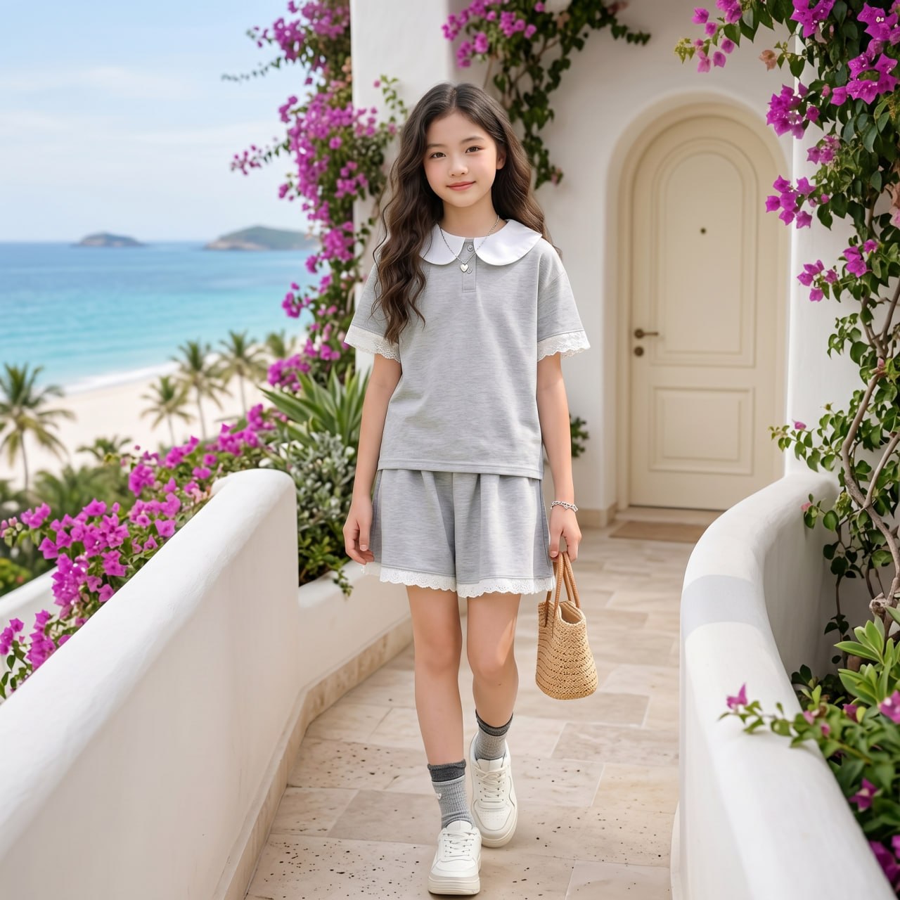 H26094-Set áo polo cổ sen phối ren