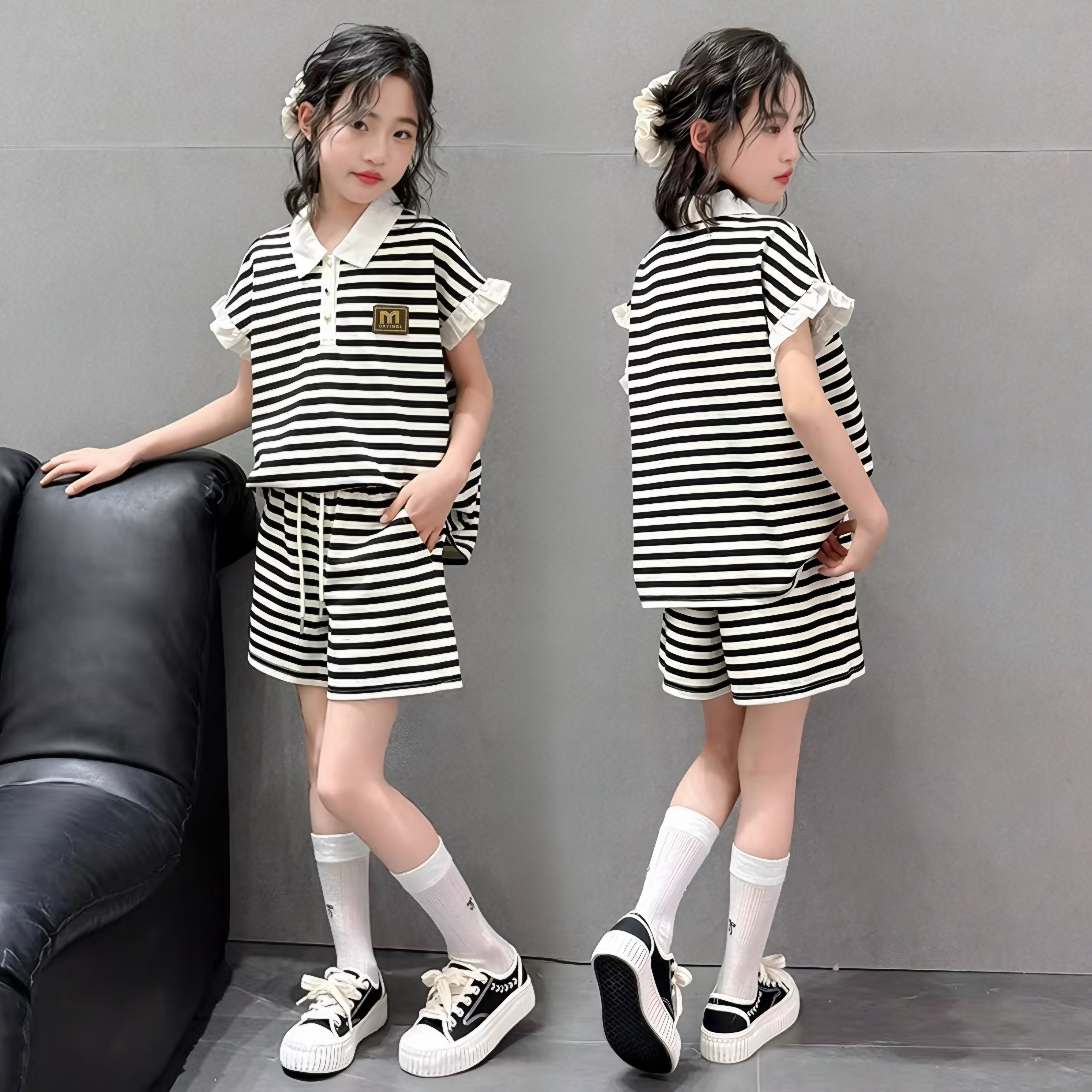 H26098-Set áo kẻ polo phối bèo M359