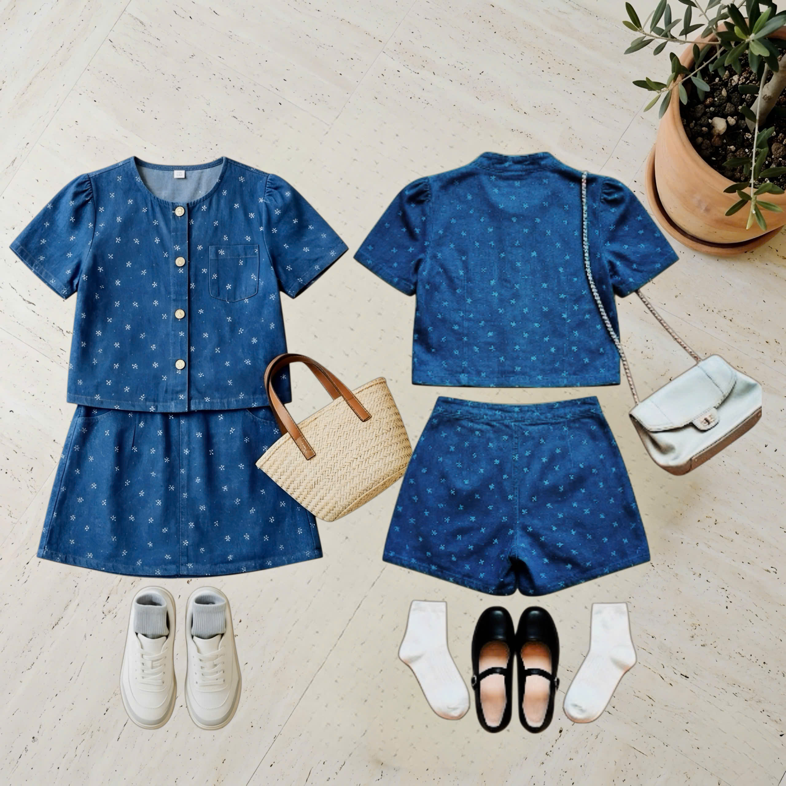 H26100-Set áo cài cúc kèm quần váy jean giấy