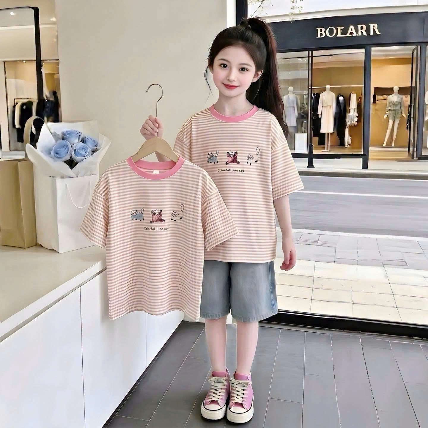 H26103-Áo cotton kẻ ngang in mèo