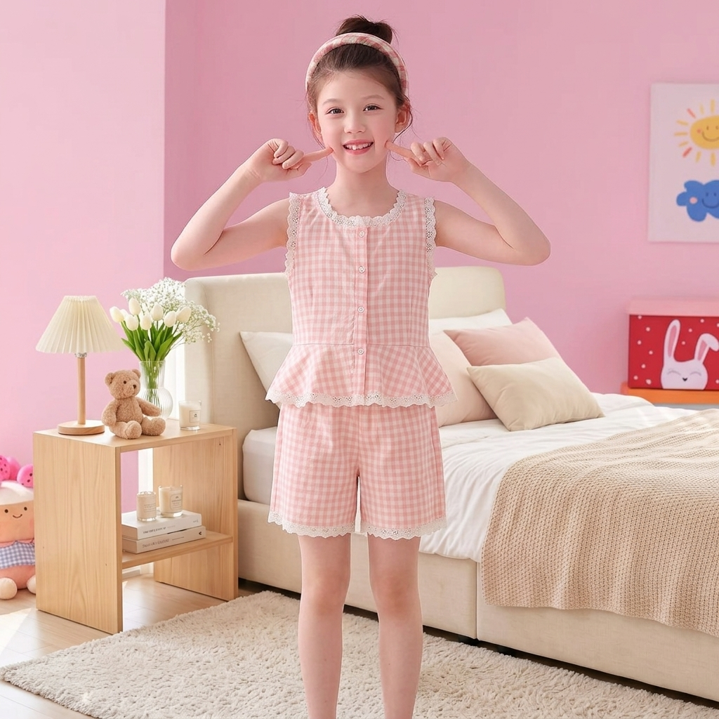 H26108-Set kẻ caro cam sát nách phối ren